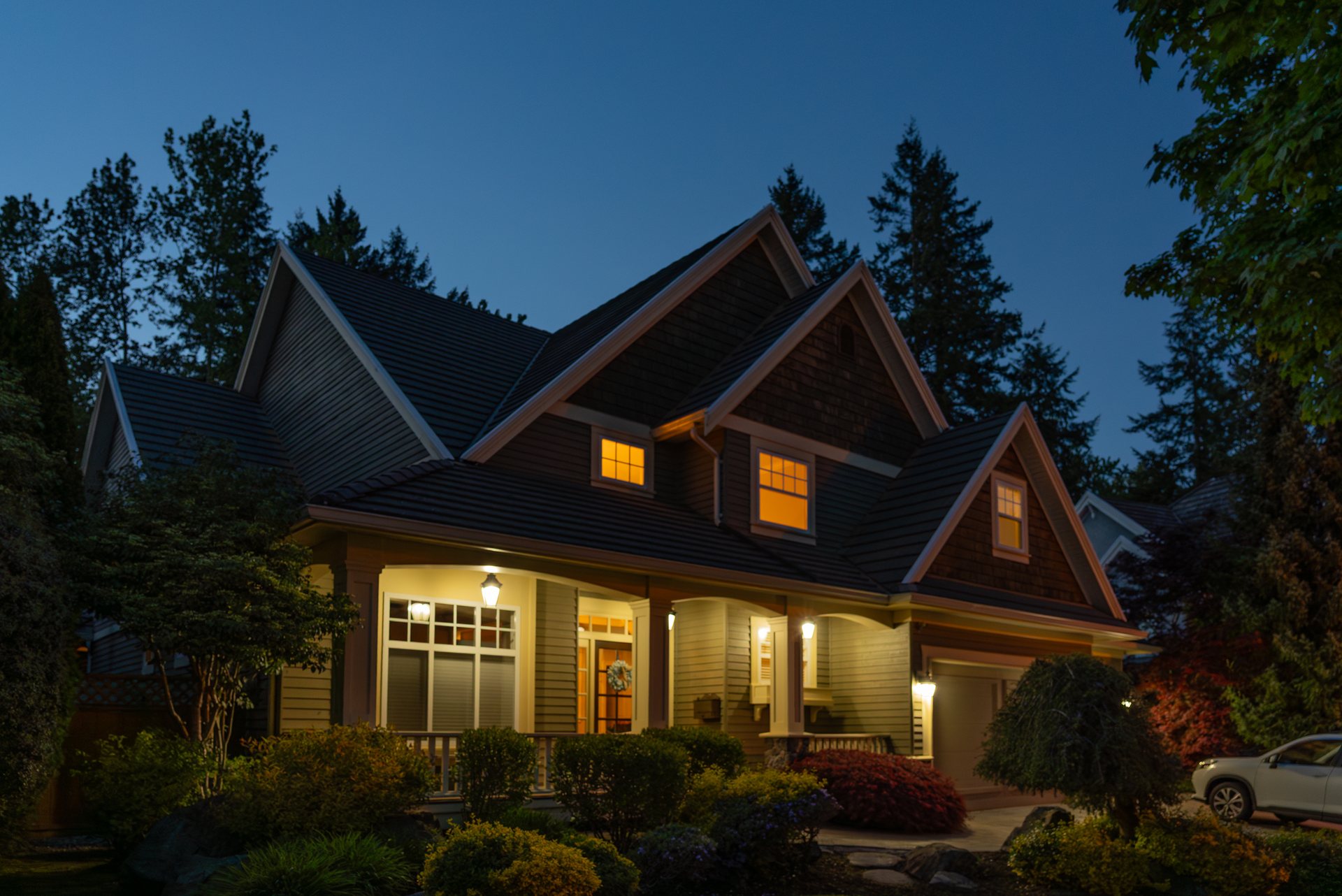 Twilight exterior presentation of a home